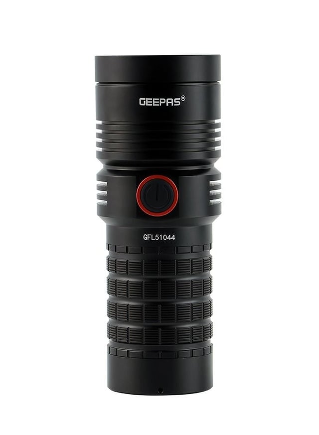 Geepas Waterproof Led Flashlight With Power Bank Aluminum Housing With 25w High Power Led 15 Hours Working Time With Power Reminder Overcharge And Discharge Protection Compact And Portable Design Perfect