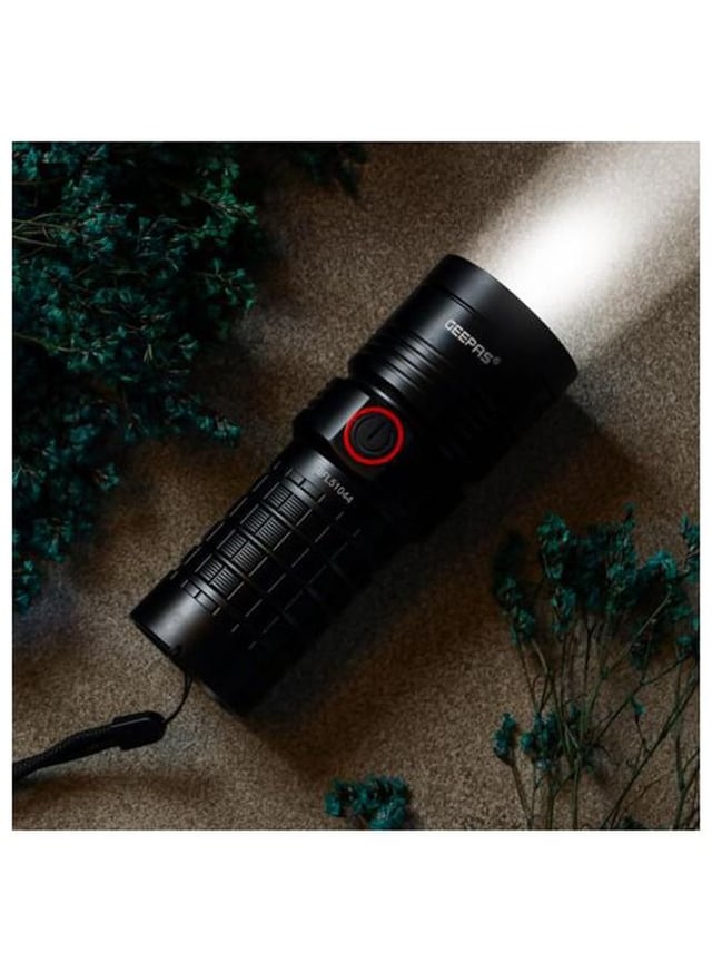 Geepas Waterproof Led Flashlight With Power Bank Aluminum Housing With 25w High Power Led 15 Hours Working Time With Power Reminder Overcharge And Discharge Protection Compact And Portable Design Perfect