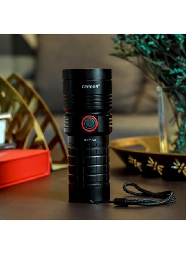 Geepas Waterproof Led Flashlight With Power Bank Aluminum Housing With 25w High Power Led 15 Hours Working Time With Power Reminder Overcharge And Discharge Protection Compact And Portable Design Perfect