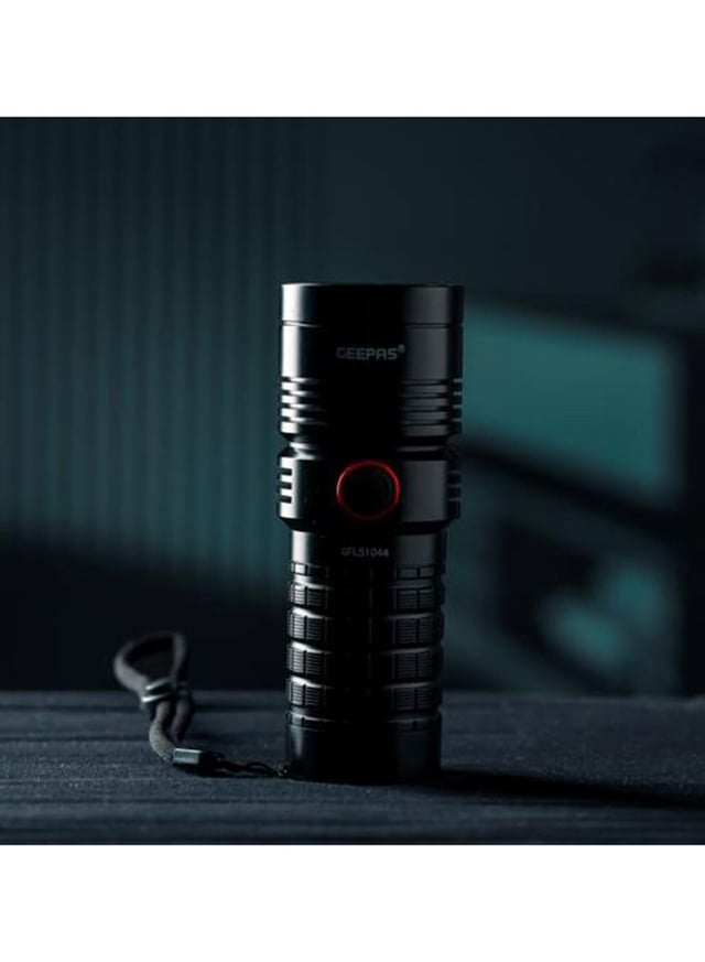 Geepas Waterproof Led Flashlight With Power Bank Aluminum Housing With 25w High Power Led 15 Hours Working Time With Power Reminder Overcharge And Discharge Protection Compact And Portable Design Perfect