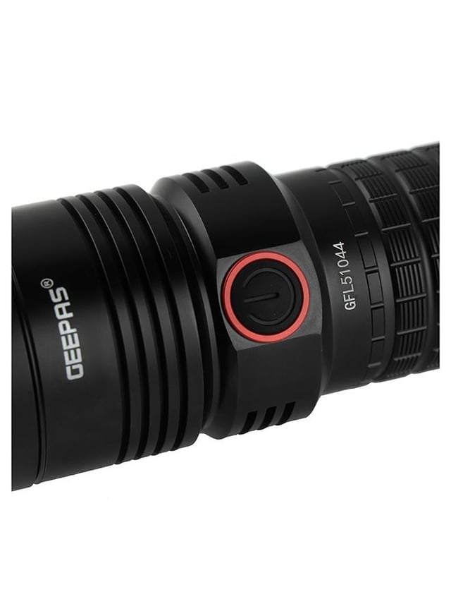 Geepas Waterproof Led Flashlight With Power Bank Aluminum Housing With 25w High Power Led 15 Hours Working Time With Power Reminder Overcharge And Discharge Protection Compact And Portable Design Perfect