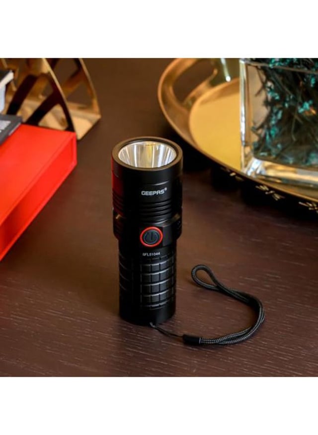 Geepas Waterproof Led Flashlight With Power Bank Aluminum Housing With 25w High Power Led 15 Hours Working Time With Power Reminder Overcharge And Discharge Protection Compact And Portable Design Perfect