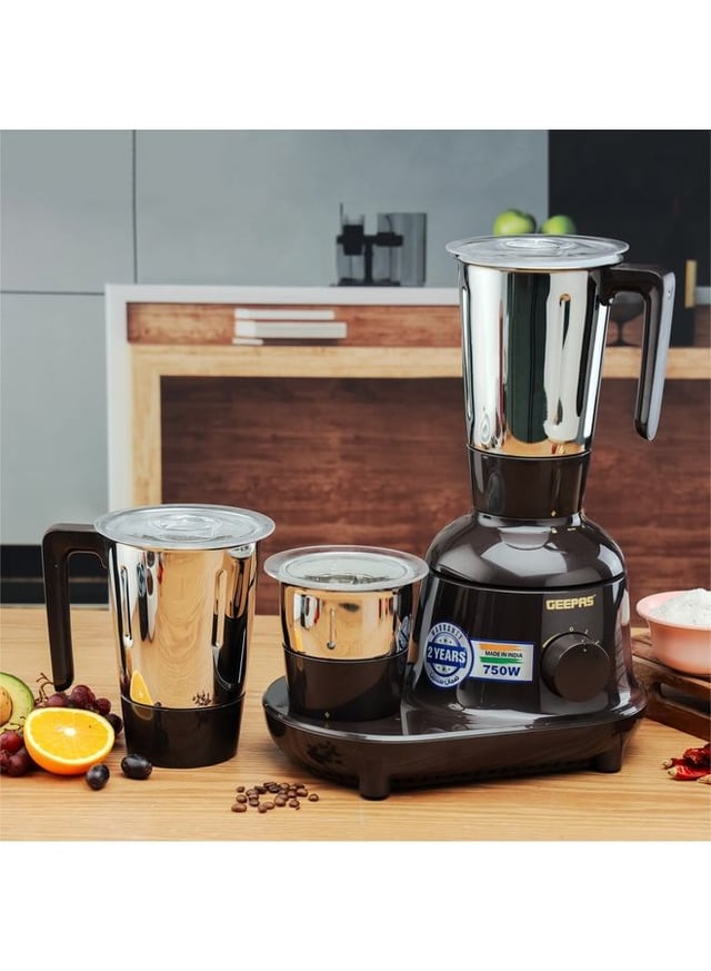 خلاط كهربائي 750 واط 3ب1 أسود جيباس Geepas Mixer Grinder 3 In 1 Powerful Grinder Stainless Steel Jars & Blades Safety Twist Lock 750 W Black