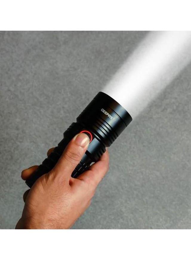 Geepas Waterproof Led Flashlight With Power Bank Aluminum Housing With 25w High Power Led 15 Hours Working Time With Power Reminder Overcharge And Discharge Protection Compact And Portable Design Perfect