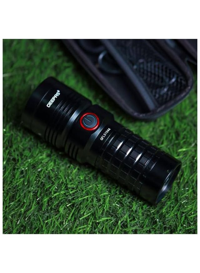 Geepas Waterproof Led Flashlight With Power Bank Aluminum Housing With 25w High Power Led 15 Hours Working Time With Power Reminder Overcharge And Discharge Protection Compact And Portable Design Perfect